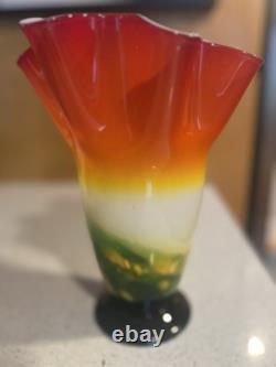 Murano Style Fazzoletto Handkerchief Art Glass Vase Hand Blown Orange Green