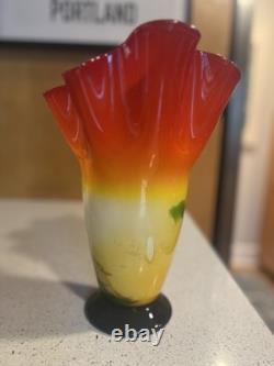 Murano Style Fazzoletto Handkerchief Art Glass Vase Hand Blown Orange Green