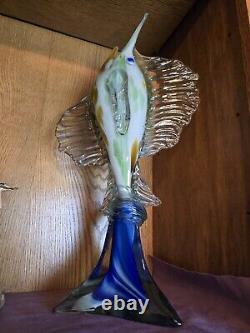 Murano Style Glass Marlin Swordfish Sail Fish Figurine Hand Blown 23 Inches Tall