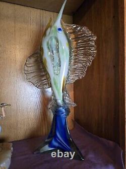 Murano Style Glass Marlin Swordfish Sail Fish Figurine Hand Blown 23 Inches Tall