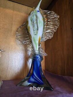 Murano Style Glass Marlin Swordfish Sail Fish Figurine Hand Blown 23 Inches Tall