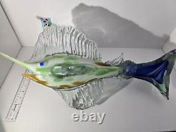 Murano Style Glass Marlin Swordfish Sail Fish Figurine Hand Blown 23 Inches Tall