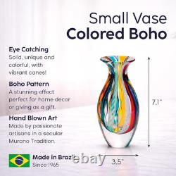 Murano Style Glass Vase Hand Blown Colored Canes Boho Effect Home Decor Small