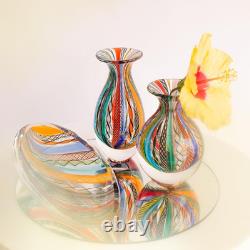 Murano Style Glass Vase Hand Blown Colored Canes Boho Effect Home Decor Small