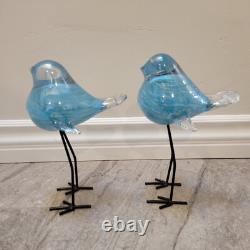 Murano Style HQT Hand Blown blue silver Glass Bird Figurine Tall Metal Legs