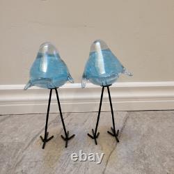 Murano Style HQT Hand Blown blue silver Glass Bird Figurine Tall Metal Legs