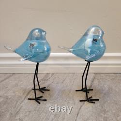 Murano Style HQT Hand Blown blue silver Glass Bird Figurine Tall Metal Legs