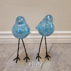 Murano Style HQT Hand Blown blue silver Glass Bird Figurine Tall Metal Legs