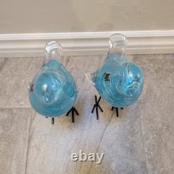 Murano Style HQT Hand Blown blue silver Glass Bird Figurine Tall Metal Legs