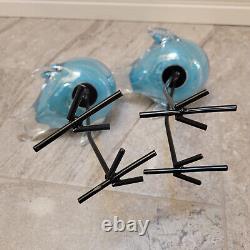 Murano Style HQT Hand Blown blue silver Glass Bird Figurine Tall Metal Legs