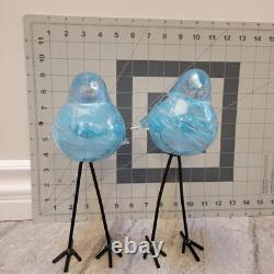 Murano Style HQT Hand Blown blue silver Glass Bird Figurine Tall Metal Legs