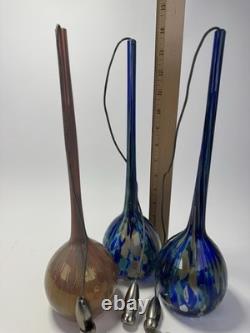 Murano Style Hand Blown 3 Art Glass Pendant Lights, Blue Green Amber 3.75x13.5