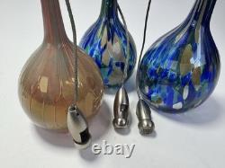 Murano Style Hand Blown 3 Art Glass Pendant Lights, Blue Green Amber 3.75x13.5