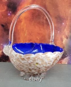 Murano Style Hand Blown Art Glass Basket Cobalt Blue Cased Applied Handle Italy
