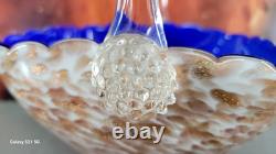 Murano Style Hand Blown Art Glass Basket Cobalt Blue Cased Applied Handle Italy