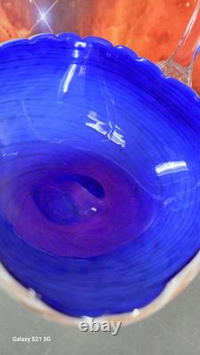 Murano Style Hand Blown Art Glass Basket Cobalt Blue Cased Applied Handle Italy