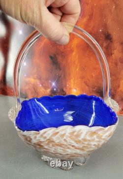 Murano Style Hand Blown Art Glass Basket Cobalt Blue Cased Applied Handle Italy