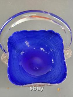 Murano Style Hand Blown Art Glass Basket Cobalt Blue Cased Applied Handle Italy