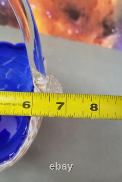 Murano Style Hand Blown Art Glass Basket Cobalt Blue Cased Applied Handle Italy