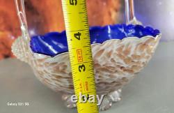 Murano Style Hand Blown Art Glass Basket Cobalt Blue Cased Applied Handle Italy