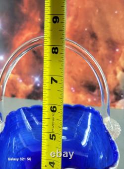 Murano Style Hand Blown Art Glass Basket Cobalt Blue Cased Applied Handle Italy