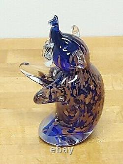 Murano Style Hand Blown Art Glass Cobalt Blue & Gold 7 1/4 Elephant Figurine