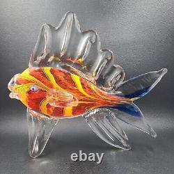 Murano Style Hand Blown Art Glass Fish Figurine Orange Yellow Blue
