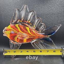 Murano Style Hand Blown Art Glass Fish Figurine Orange Yellow Blue