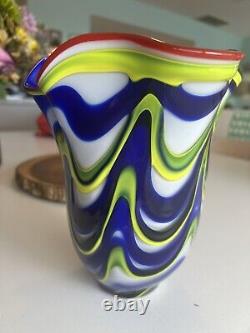 Murano Style Hand Blown Art Glass Vase Vibrant Yellow Blue White Red