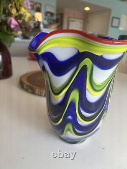 Murano Style Hand Blown Art Glass Vase Vibrant Yellow Blue White Red