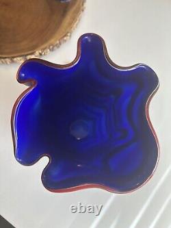 Murano Style Hand Blown Art Glass Vase Vibrant Yellow Blue White Red