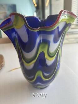 Murano Style Hand Blown Art Glass Vase Vibrant Yellow Blue White Red