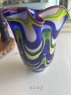 Murano Style Hand Blown Art Glass Vase Vibrant Yellow Blue White Red