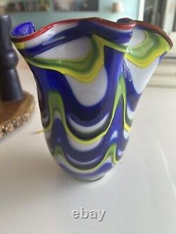 Murano Style Hand Blown Art Glass Vase Vibrant Yellow Blue White Red