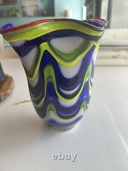 Murano Style Hand Blown Art Glass Vase Vibrant Yellow Blue White Red