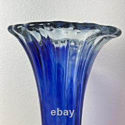 Murano Style Hand Blown Glass Cobalt Blue Clear Ruffled Rim Large Vase