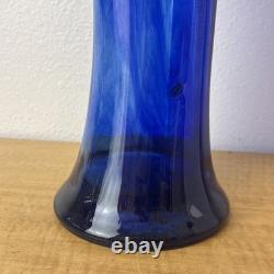Murano Style Hand Blown Glass Cobalt Blue Clear Ruffled Rim Large Vase