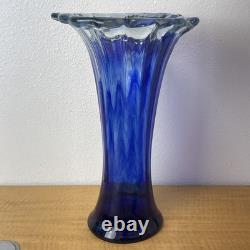 Murano Style Hand Blown Glass Cobalt Blue Clear Ruffled Rim Large Vase