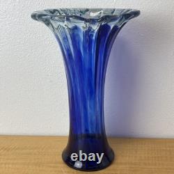Murano Style Hand Blown Glass Cobalt Blue Clear Ruffled Rim Large Vase