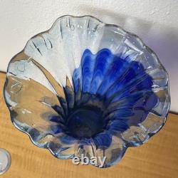 Murano Style Hand Blown Glass Cobalt Blue Clear Ruffled Rim Large Vase