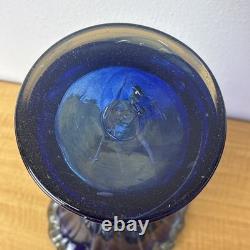 Murano Style Hand Blown Glass Cobalt Blue Clear Ruffled Rim Large Vase