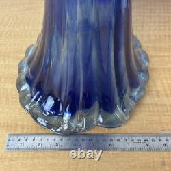 Murano Style Hand Blown Glass Cobalt Blue Clear Ruffled Rim Large Vase