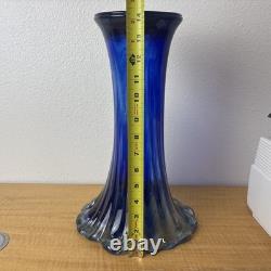 Murano Style Hand Blown Glass Cobalt Blue Clear Ruffled Rim Large Vase
