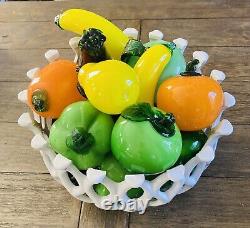 Murano Style Hand Blown Glass Fruit Basket 16 pieces of Fruit & Veg with Basket