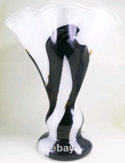 Murano Style Hand Blown Gold Glitter Black Brushstroke Ruffle Art Glass Vase 13