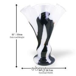 Murano Style Hand Blown Gold Glitter Black Brushstroke Ruffle Art Glass Vase 13