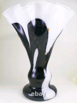 Murano Style Hand Blown Gold Glitter Black Brushstroke Ruffle Art Glass Vase 13