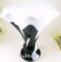 Murano Style Hand Blown Gold Glitter Black Brushstroke Ruffle Art Glass Vase 13