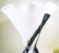 Murano Style Hand Blown Gold Glitter Black Brushstroke Ruffle Art Glass Vase 13