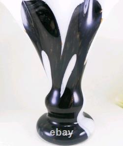 Murano Style Hand Blown Gold Glitter Black Brushstroke Ruffle Art Glass Vase 13